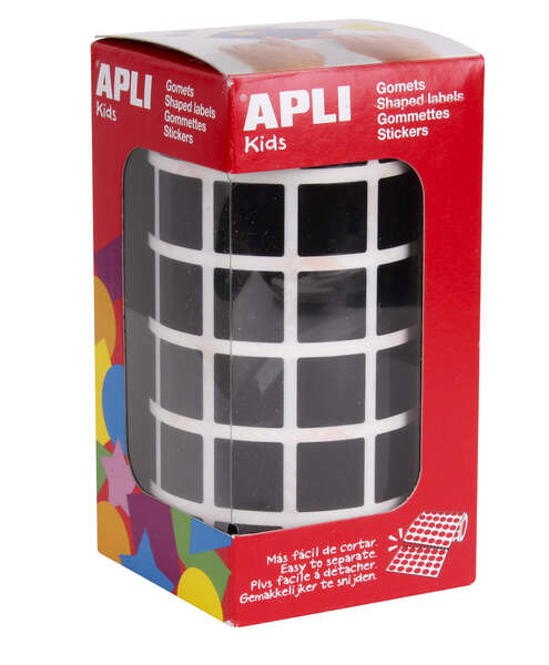 Apli Gomets Cuadrados Negros - 15 x 15mm - 59 Hojas Pretroqueladas - 2832 Gomets por Rollo - Ideal para Escuelas y Talleres Infantiles - Normas EN-71 y FSC - Adhesivo Base Agua - Materiales