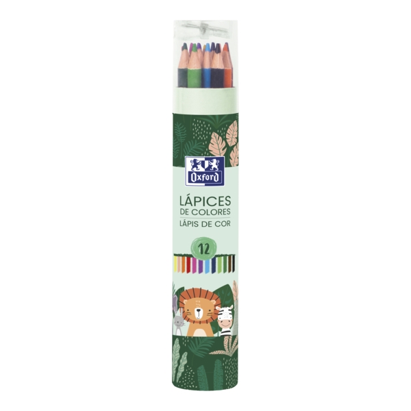 Oxford Animal Besties Tubo de 12 Lapices de Colores + Sacapuntas - Fabricados en Madera - Lapices Decorados con Diseños de Animales - Colores Surtidos