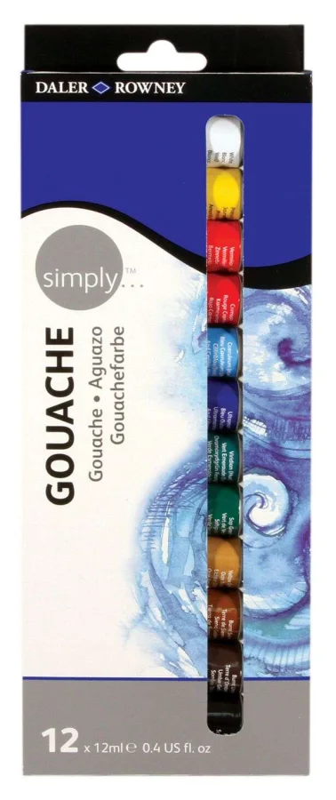 Daler Rowney Simply Pack de 12 Pinturas Acrilicas Gouache - Secado Rapido - Base de Agua - Optima Cobertura - 12ml - Colores Surtidos
