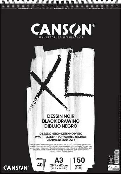 Canson XL Black Bloc de 40 Hojas Negras 150g A3 - Grano Fino - Espiral Microperforado