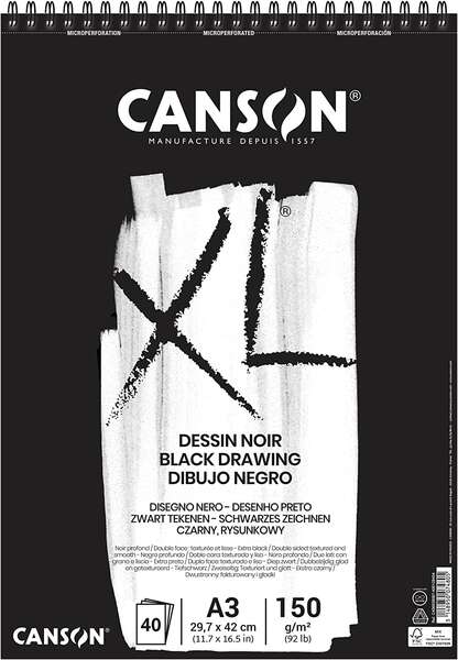 Canson XL Black Bloc de 40 Hojas Negras 150g A3 - Grano Fino - Espiral Microperforado