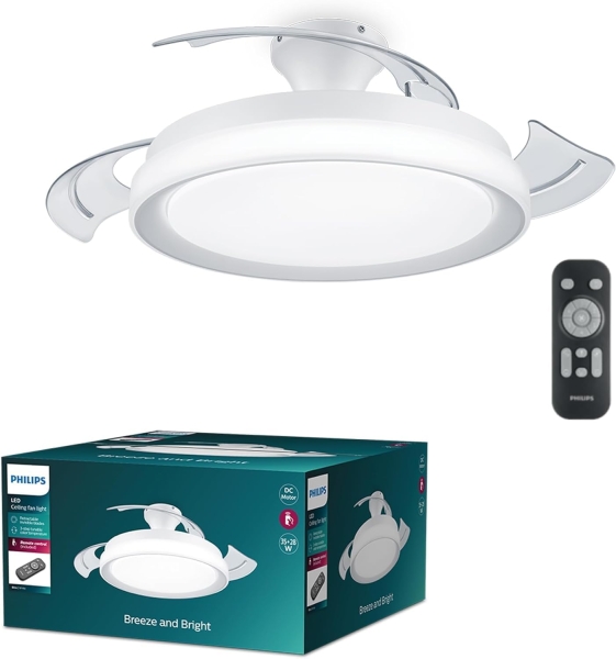 Philips Bliss DC Fan Ceiling Ventilador de Techo con Luz LED Hasta 6500K - Aspas Retractiles - 35W Ventilador + 28W Luz - Sparkle - Mando a Distancia - Color Blanco