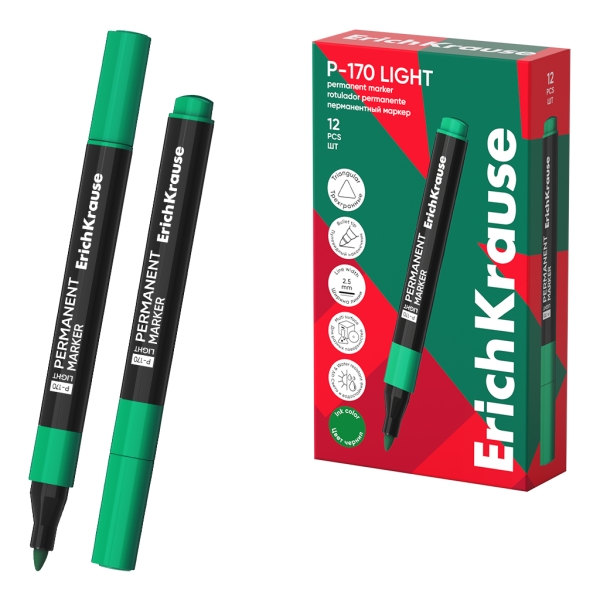 ErichKrause P-170 light Rotulador Permanente - Punta Conica - Trazo de 2.5mm - Resistente al Agua y a la Luz - Multisuperficie - Cuerpo Triangular - Color Verde · Pack de 12 uds.