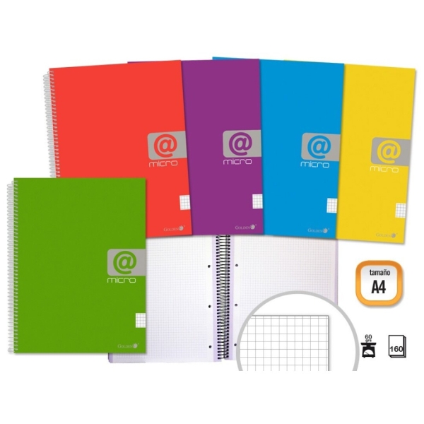 Golden Cuaderno Espiral A4 160 Hojas 60grs Cuadricula 5x5 - Hojas Microperforadas con 4 Taladros y 4 Bandas de Color - Tapa Resistente Forrada - Colores Surtidos · Pack de 5 uds.