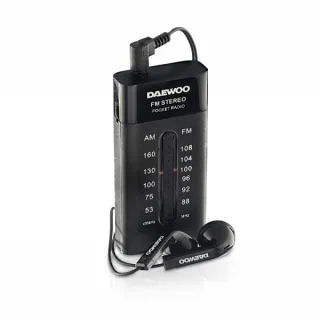 Daewoo Radio AM/FM - Alimentacion a Pilas - Jack 3.5mm - Sintonizacion Manual - Auriculares Incluidos - 95x70x30mm - Color Negro