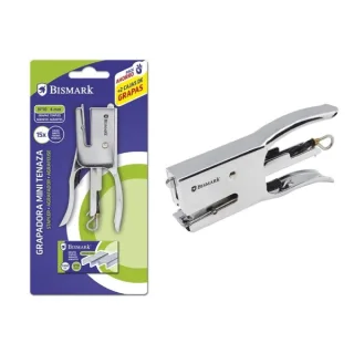 Bismark Grapadora Mini Tenaza Cromada + 2000 Grapas - Capacidad de Grapado 15 Hojas - Diseño Ergonomico - Alta Durabilidad - Color Plata