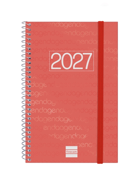 Finocam Espiral Basics Year Agenda en Catalan - Anual 2027 - Semana Vista Horizontal - Formato E5 - 117x181mm - Goma Elastica - Tapa de Polipropileno - Esquinas Microperforadas - Papel 80g/m2 - Color Rojo