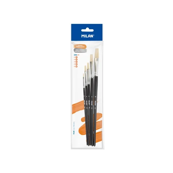 Milan 501 Pack de 5 Pinceles Planos - Formatos Surtidos - Color Negro