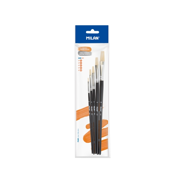 Milan 501 Pack de 5 Pinceles Planos - Formatos Surtidos - Color Negro