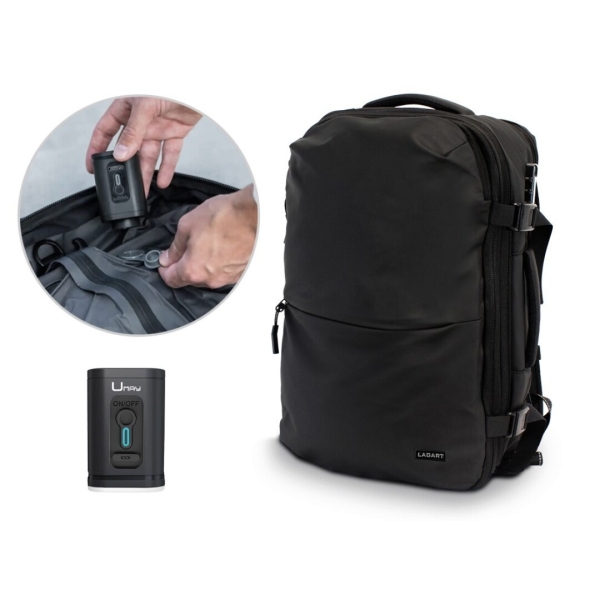 Lagart Mochila de Viaje Vacuum 20L Extensible a 42L - Medidas 48x30x20cm - Vaciador de Aire Incluido - Bolsillo Trasero Anti-robo - Cremallera Lateral Extensible para Mayor Capacidad - Cierre con Candado TSA - Bolsillo Lateral para Botella - Color Negro