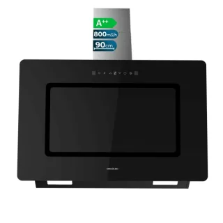 Cecotec Bolero Flux DT 908002 Glass Black A++ Campana Extractora de 90cm - 210W - Succion 800m3/h - Luz LED - Pantalla LED - Incluye Accesorios - Filtros de Carbono Incluidos - Color Negro