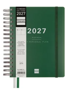 Finocam Tempus Agenda - Anual 2027 - 1 Dia por Pagina - 155x217mm - Espiral Doble - Tapa Extradura de Polipropileno - 2 Cintas Marcapaginas - Papel Crema de 80g/m2 - Color Verde