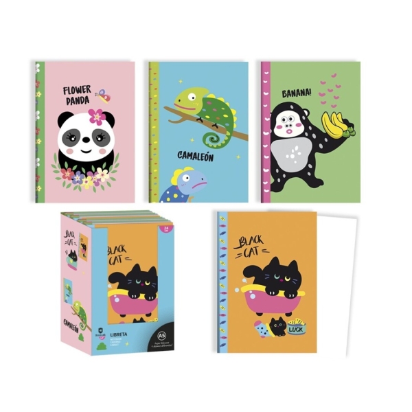 Bismark Animals Libreta Grapada A5 32 Hojas Lisas - Portada con Diseños de Animales - Tacto Soft - 4 Diseños Diferentes · Pack de 24 uds.
