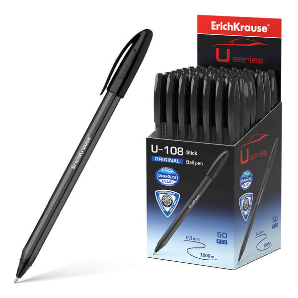 Erichkrause U-108 Boligrafo Clasico - Punta de Bola 1.0mm - Trazo de 0.3mm - Tapa Ventilada - Cuerpo Translucido y Tintado - Ultra Glide Technology - Color Negro · Pack de 50 uds.