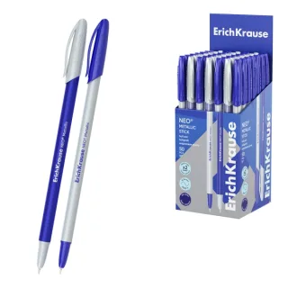 ErichKrause Neo Stick Metallic Boligrafo con Capuchon - Modelos Surtidos - Trazo 0.26mm - Tinta de Baja Viscosidad - Tapa Ventilada - Color Azul · Pack de 50 uds.
