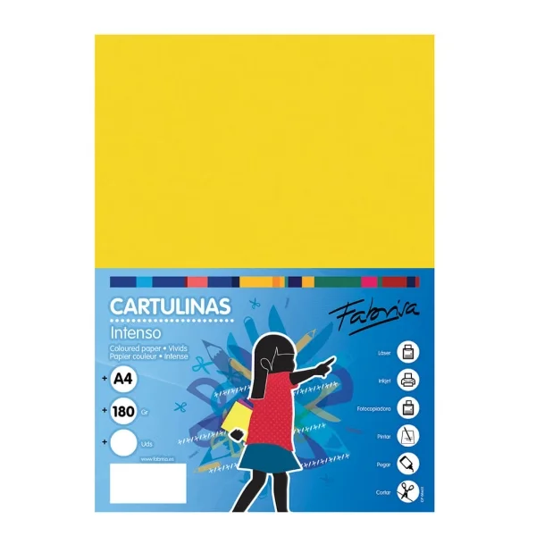 Fabrisa Pack de 50 Cartulinas 180 g/m² - Tamaño A4 - Color Amarillo Fuerte