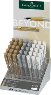 Faber-Castell Artsy Beyond Expositor con 40 Boligrafos de Tinta Gel - Punta de 1mm - Trazo de 0.6mm - Zona de Agarre Engomada - Colores Oro, Plata y Blanco
