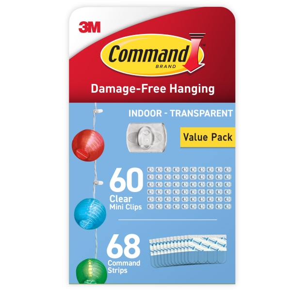 Command Clip Mini Pack de 60 Ganchos para Cable - 68 Tiras Adhesivas - Uso en Interior - Retirada Sin Deteriorar la Superficie - Color Transparente