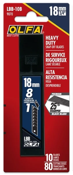Olfa Pack de 10 Cuchillas de Negras para Cuters 18mm - Acero al Carbono - Un 25% mas Afiladas - 8 Segmentos
