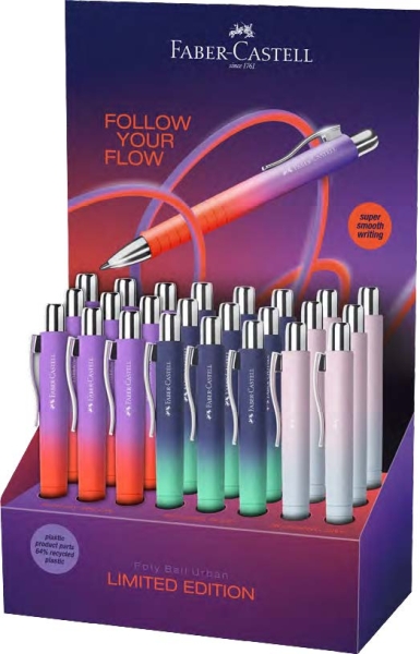 Faber-Castell Poly Ball Flow Edition Expositor con 24 Boligrafos Retractiles XB - Forma Triangular Ergonomica - Suave al Tacto - Colores Surtidos