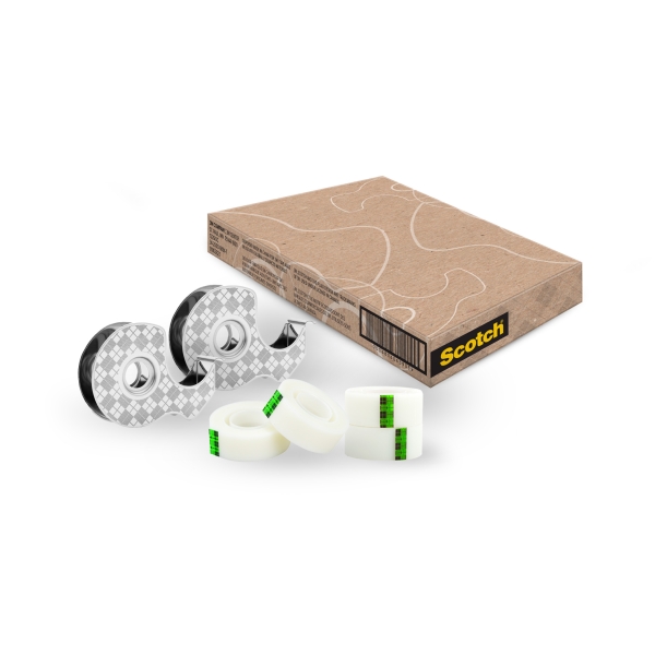 Scotch Pack de 2 Dispensadores Metalicos + 4 Cintas Adhesivas Scotch Magic - Para Rollos de hasta 19mm x 13.9m - 66% Adhesivo Vegetal