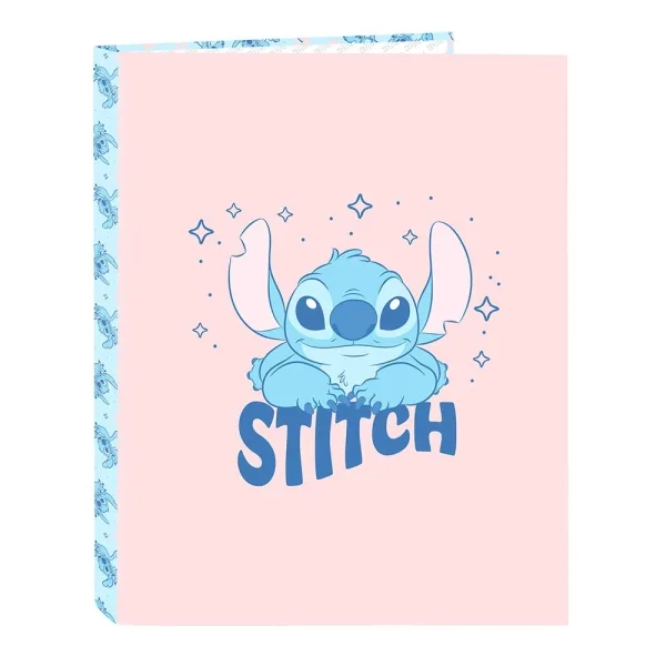 Safta Stitch Ohana Carpeta con 4 Anillas 25mm - Tapas Duras Forradas - Formato Folio - Ligera y Compacta - 265x40x330mm - Color Rosa Pastel