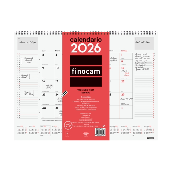Finocam Vade Calendario de Sobremesa - Anual 2026 - con Espiral - 420x8x320mm - Mes Vista - Color Blanco y Rojo