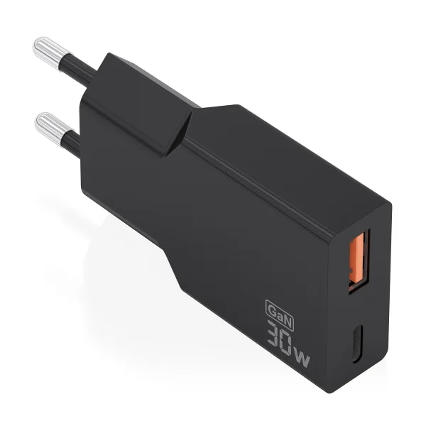 Aisens Cargador de Pared - 30W - GaN - 1xUSB-C - 1xUSB-A - Power Delivery 3.0 - Ultra Delgado - Multiples Protecciones de Seguridad - Color Negro