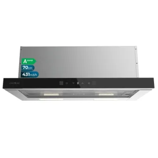Cecotec Bolero Flux TLT 704400 Glass Black A+++ Campana Extractora Telescopica de 70cm - 431.2m3/h - LED - Pantalla - Acero Inoxidable - Filtros Aptos para Lavavajillas - Filtros de Carbono