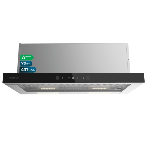 Cecotec Bolero Flux TLT 704400 Glass Black A+++ Campana Extractora Telescopica de 70cm - 431.2m3/h - LED - Pantalla - Acero Inoxidable - Filtros Aptos para Lavavajillas - Filtros de Carbono - Color Negro