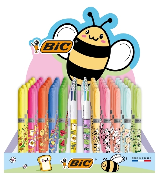 Bic Kawaii Pack de 144uds + Expositor con Capacidad para 60uds - Incluye 120 Marcadores Fluorescentes Highlighter Grip en Colores Surtidos, 12 Boligrafos Bic 4 Colours Fun y 12 Boligrafos Bi