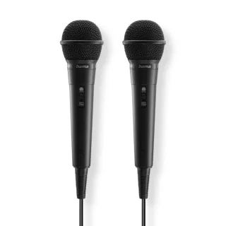 Hama Karaoke Pack de 2 Microfonos Dinamicos - Cable 2.5m - 100Hz - Jack 3.5mm - Cardioide - 600 Ohm - 220x53x53mm - Color Negro