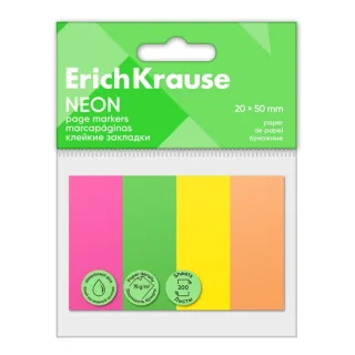 ErichKrause Neon Pack de 4 Blocs de 50 Marcadores de Pagina - Reposicionables - Papel de 75g/m2 - 20X50mm - Pegamento a Base de Agua - Colores Surtidos