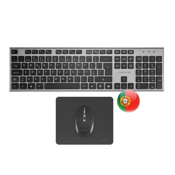 Tacens Zenith Combo Pack Inalabrico de Teclado Completo + Raton y Alfombrilla - Disposicion Portuguesa QWERTY PT - Teclas Silenciosas de Perfil Bajo - Sensor de 3200dpi - Conexion Dual Link