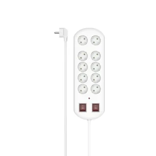 Hama Regleta Alimentacion con 10 Tomas - Potencia Maxima 3680W - Cable 2m - Interruptor de Encendido - Enchufe Schuko en Angulo - 11.3x3.8x35.7cm - Color Blanco
