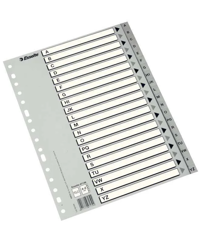 Esselte Indice Abecedario de Plastico con Caratula Indice Folio Tipo A-Z Multitaladro - Cartulina Indice: Carton Blanco y Negro