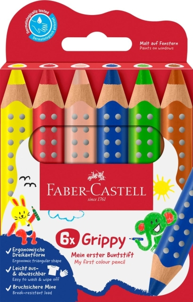 Faber-Castell Grippy Pack con 6 Lapices de Colores Gruesos Mina XXL Suave - Forma Triangular con Grip - Colores Surtidos