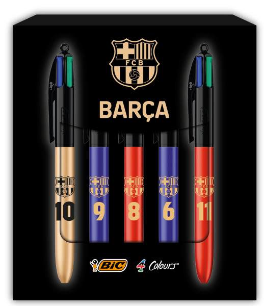 Bic 4 Colours Barça Ed. Lujo Pack con 5 Boligrafos de Bola Retractil - 5 Diseños Diferentes - Punta Media de 1.0mm