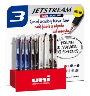 Uni-ball SXE3-400-10 JetStream Expositor de 15 Boligrafos Tricolor - Punta de Bola 1mm - Boligrafo con 3 Colores de Tinta, Negro, Azul y Rojo - Secado Instantaneo - Colores Surtidos
