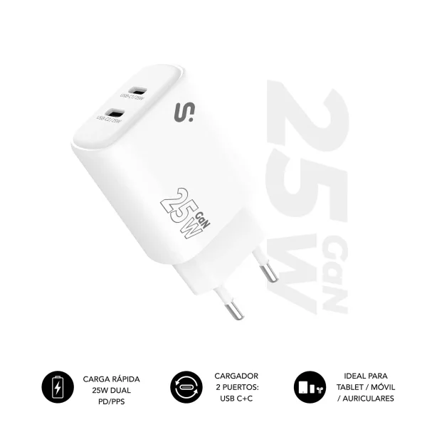 Subblim Cargador de Pared GaN 25W - 2xUSB-C - Carga rápida - Color Blanco