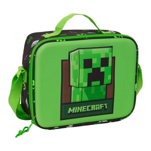 Safta Minecraft Bolsa Isotermica Porta Alimentos - Frontal 3D - Cremallera - Bandolera Ajustable - Asa de Mano - 25x19.5x9cm - Color Verde y Negro