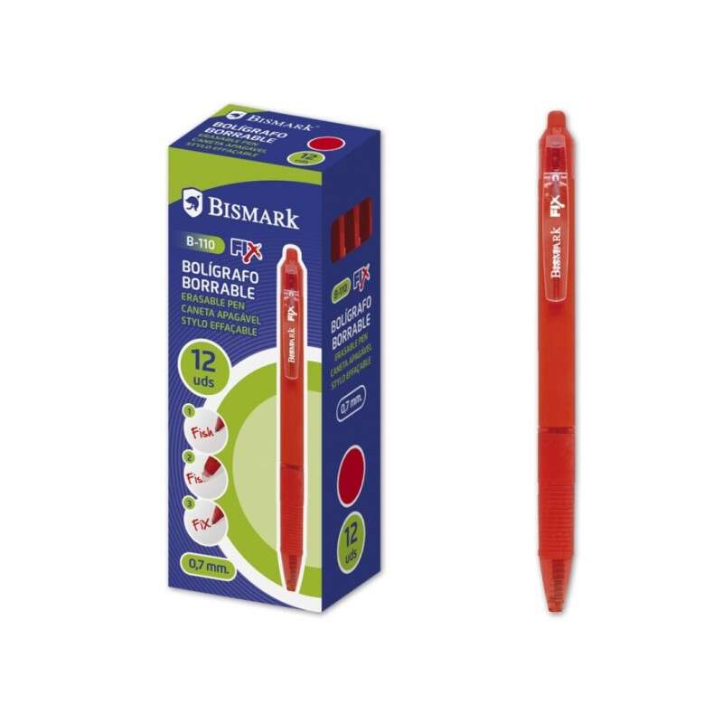 Bismark Fix Boligrafo Retractil Borrable - Punta Fina 0.7mm - Con Clip - Color Rojo · Pack de 12 uds.