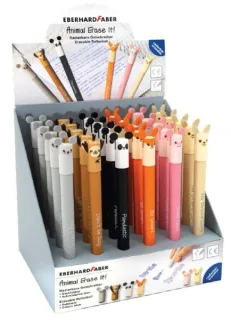 Eberhard Faber Animal Erase It! Expositor con 36 Boligrafos Borrables Tinta Gel Azul - Trazo 0.7mm - Capuchon con Formas de Animales - Tacto Soft