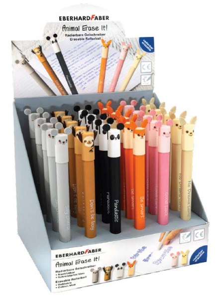 Eberhard Faber Animal Erase It! Expositor con 36 Boligrafos Borrables Tinta Gel Azul - Trazo 0.7mm - Capuchon con Formas de Animales - Tacto Soft