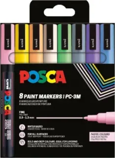 Posca PC3M Pack de 8 Marcadores de Pintura - Punta Conica 0.9-1.3mm - Tinta Base al Agua - Resistente a la Luz - Ideal para Carteleria y Decoracion - Colores Surtidos Pastel