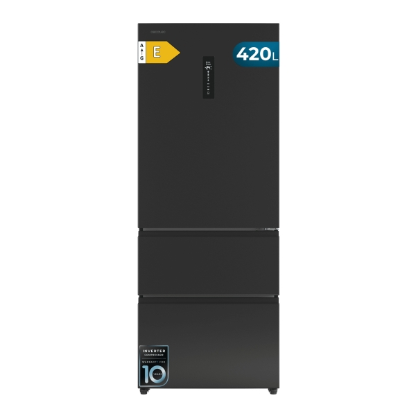 Cecotec Bolero CoolMarket FD 420 Dark E Frigorifico Puerta Francesa - 420L - Luz LED - Pantalla Digital - Compresor Inverter - Total Nofrost - Modo Vacaciones - Pantalla en Puerta - Color Gr