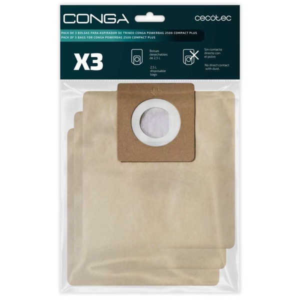 Cecotec Pack de 3 Bolsas de Recambio para Conga Powerbag 2500 - Alta Capacidad de Filtracion - Faciles de Instalar - Material Resistente - Mantiene la Succion Eficiente - Color Marron