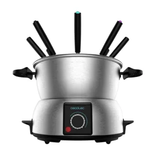 Cecotec Fun GourmetFondue Fondue Electrica - Potencia de 1000W - Acero Inoxidable - Termostato Regulable - Tapa Antisalpicaduras - Incluye 8 Tenedores - Apta para Lavavajillas