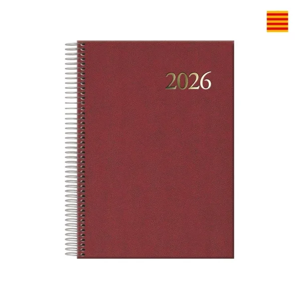 Dohe Segovia Agenda Anual Espiral en Catalan - Dia Pagina - Sabado y Domingo misma Pagina - Tamaño 14x20cm - Color Burdeos