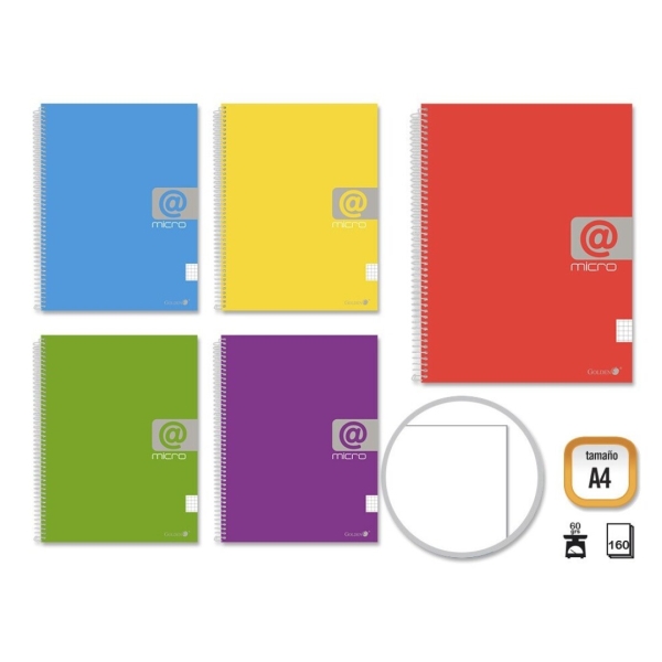 Golden Cuaderno Espiral A4 160 Hojas 60grs Liso - Hojas Microperforadas con 4 Taladros y 4 Bandas de Color - Tapa Resistente Forrada - Colores Surtidos · Pack de 5 uds.
